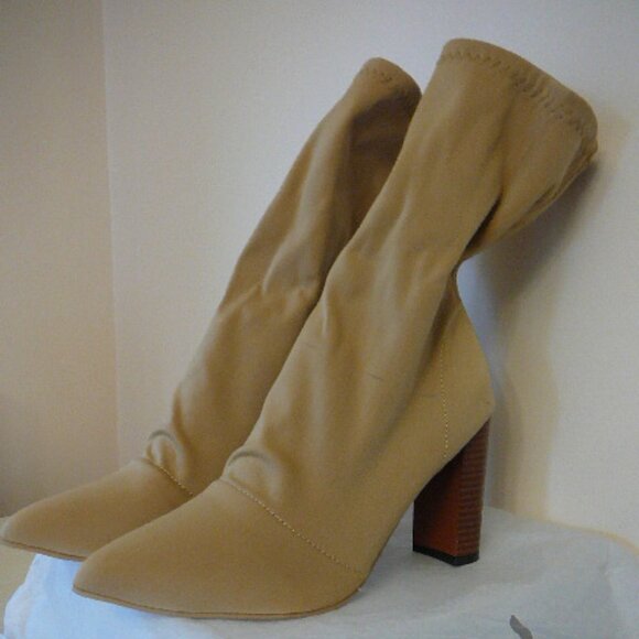 Tan Fabric Slip On Mid-Calf 3.75" Chunky Heeled Boots-US 10.5, Size 41-Read Desc - Picture 1 of 7